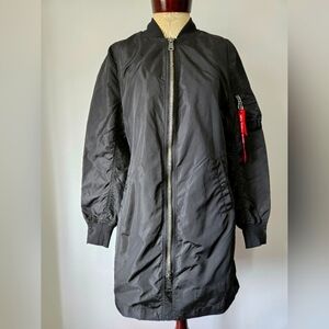 ALPHA INDUSTRIES Longline Bomber Flight Jacket With Orange Interior. Size M